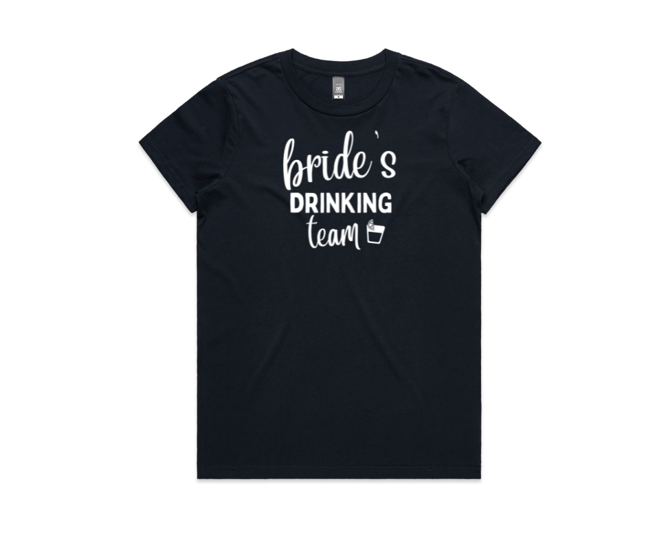 Hen's Party tshirts in Austrlaia. Bride's drinking team in black